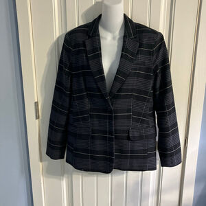 M Medium Free Assembly Women's Stretch Blazer Jacket Blue Black White Plaid
